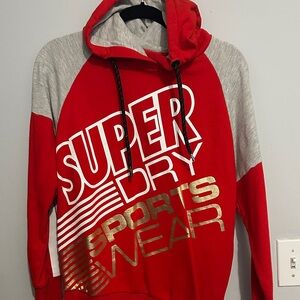 Superdry Red and Gray Zip-Up Hoodie with Metallic Gold Logo